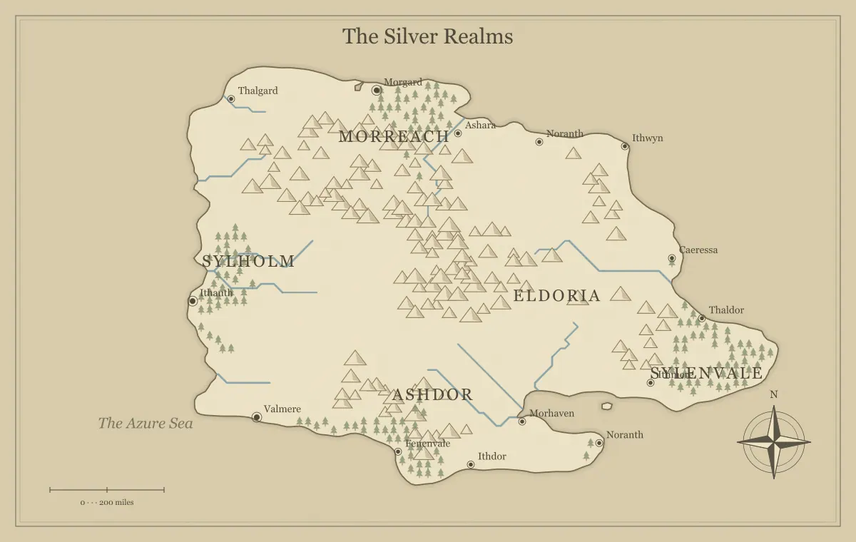Original parchment fantasy continent map with named regions, towns, coastlines and terrain, used for build a campaign world your players can explore