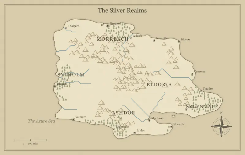 Original parchment fantasy continent map with named regions, towns, coastlines and terrain, used for build a campaign world your players can explore