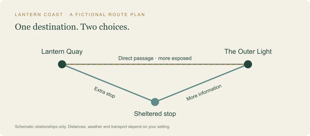 A fictional route diagram connects Lantern Quay to the Outer Light by a direct passage or an indirect route through a sheltered stop.