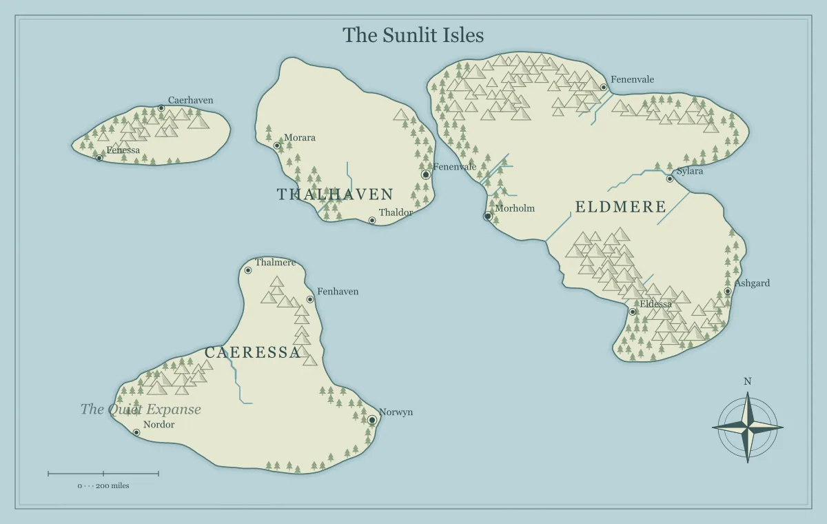 Classic atlas archipelago generated with seed 419627, showing separate islands, rivers, mountains and settlements.