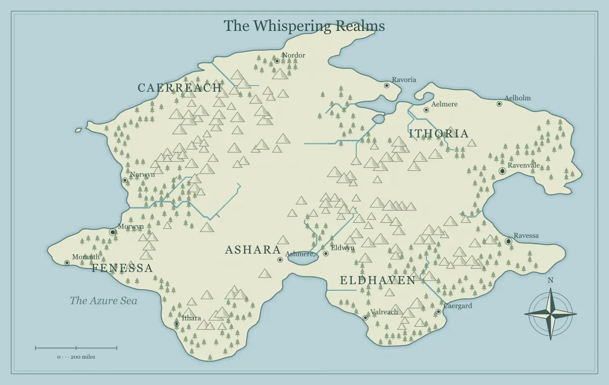 Original classic atlas fantasy continent map with named regions, towns, coastlines and terrain, used for keep your campaign map useful between sessions