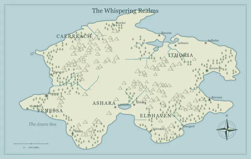 Original classic atlas fantasy continent map with named regions, towns, coastlines and terrain, used for keep your campaign map useful between sessions