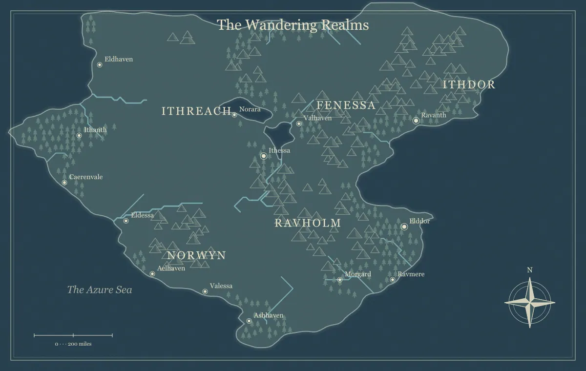 Original nightfall fantasy world map with named regions, towns, coastlines and terrain, used for show campaign factions without overcrowding your map