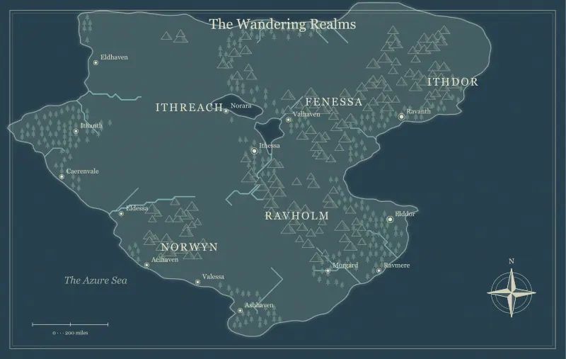 Original nightfall fantasy world map with named regions, towns, coastlines and terrain, used for show campaign factions without overcrowding your map