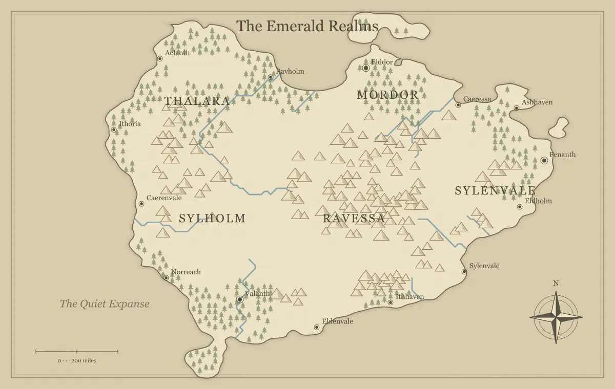 Original parchment fantasy continent map with named regions, towns, coastlines and terrain, used for design a frontier town’s place in a fantasy world