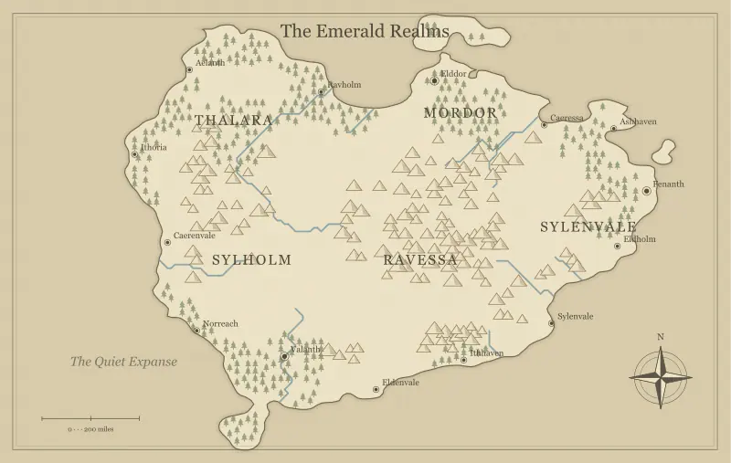 Original parchment fantasy continent map with named regions, towns, coastlines and terrain, used for design a frontier town’s place in a fantasy world