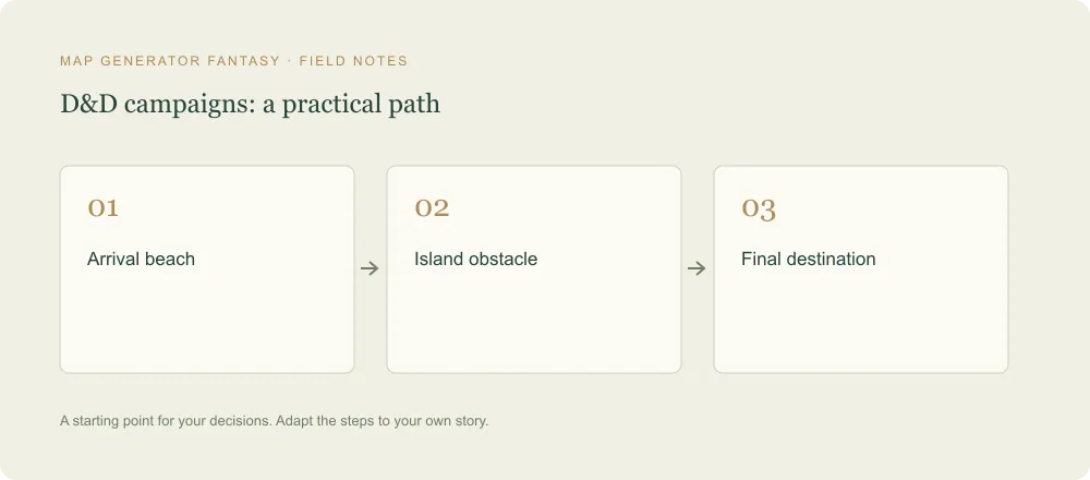 Three-step diagram: Arrival beach, then Island obstacle, then Final destination