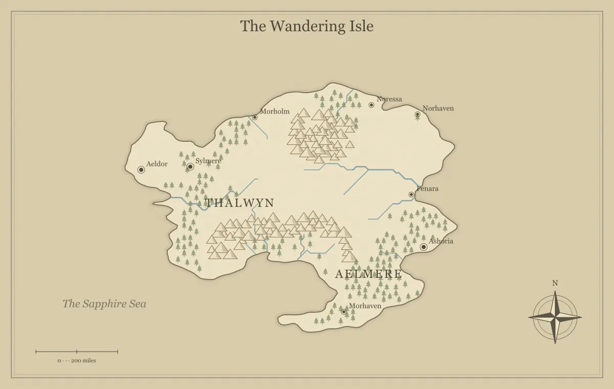 Original parchment fantasy island map with named regions, towns, coastlines and terrain, used for create an island map for a d&d one-shot adventure