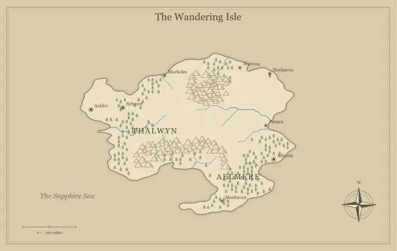 Original parchment fantasy island map with named regions, towns, coastlines and terrain, used for create an island map for a d&d one-shot adventure