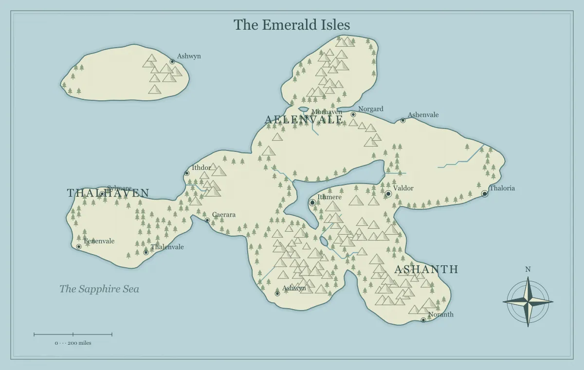 Original classic atlas fantasy archipelago map with named regions, towns, coastlines and terrain, used for map a pirate campaign across a fantasy archipelago