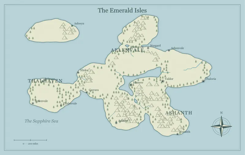 Original classic atlas fantasy archipelago map with named regions, towns, coastlines and terrain, used for map a pirate campaign across a fantasy archipelago