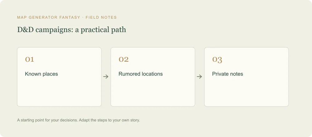 Three-step diagram: Known places, then Rumored locations, then Private notes