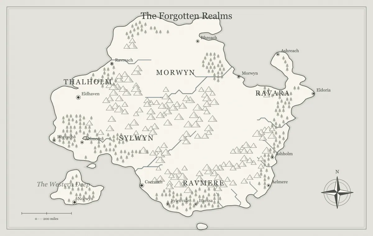 Original black-and-white ink fantasy continent map with named regions, towns, coastlines and terrain, used for make player and dm versions of the same fantasy map