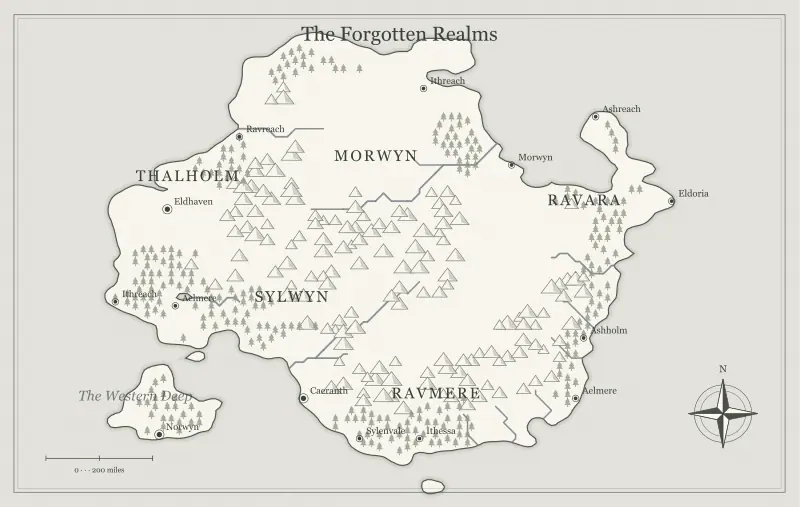 Original black-and-white ink fantasy continent map with named regions, towns, coastlines and terrain, used for make player and dm versions of the same fantasy map