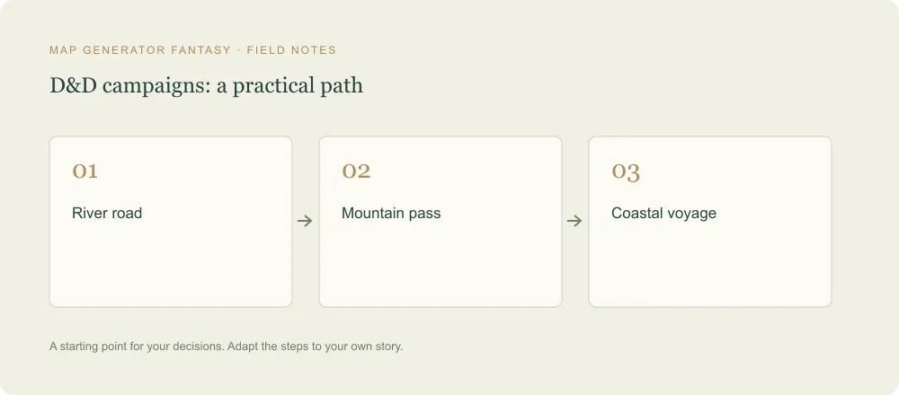 Three-step diagram: River road, then Mountain pass, then Coastal voyage