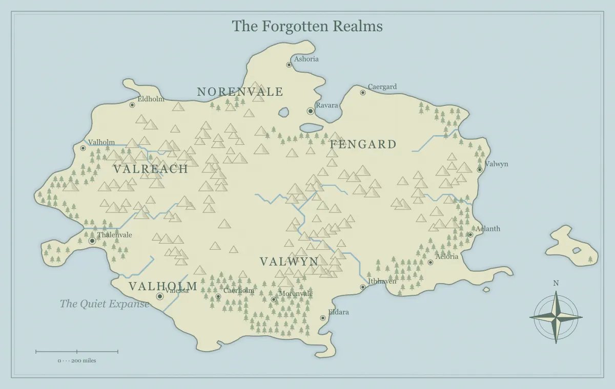Original watercolor fantasy continent map with named regions, towns, coastlines and terrain, used for build a sandbox campaign map with meaningful choices