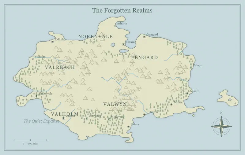 Original watercolor fantasy continent map with named regions, towns, coastlines and terrain, used for build a sandbox campaign map with meaningful choices