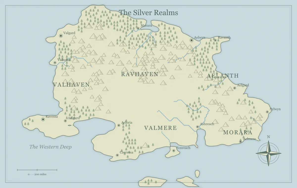 Original watercolor fantasy continent map with named regions, towns, coastlines and terrain, used for plan d&d travel routes that create better adventures