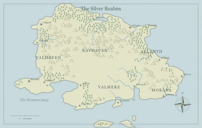 Original watercolor fantasy continent map with named regions, towns, coastlines and terrain, used for plan d&d travel routes that create better adventures