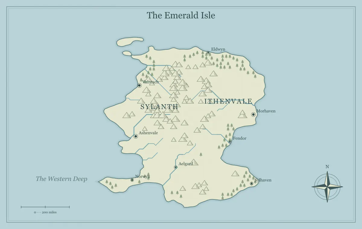 Original classic atlas fantasy island map with named regions, towns, coastlines and terrain, used for dnd world map maker, no login: prepare tonight’s session
