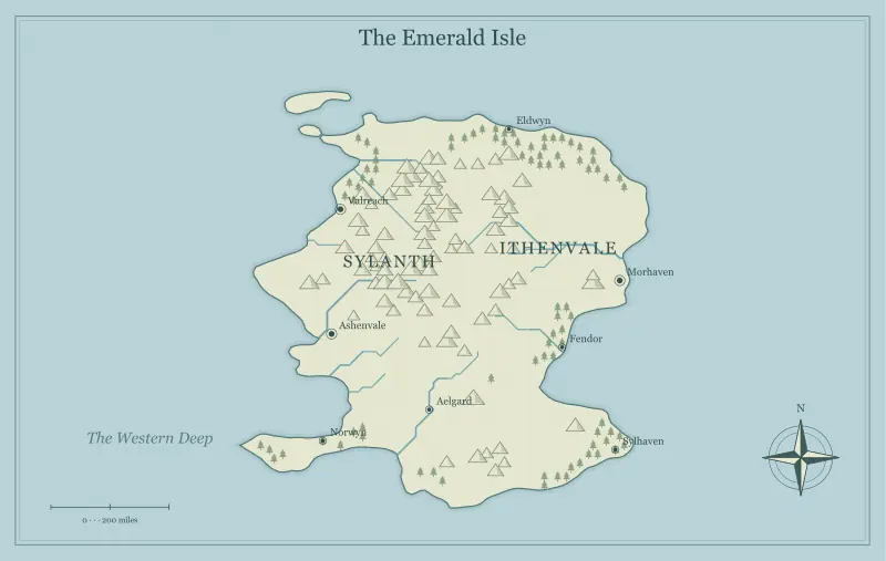 Original classic atlas fantasy island map with named regions, towns, coastlines and terrain, used for dnd world map maker, no login: prepare tonight’s session