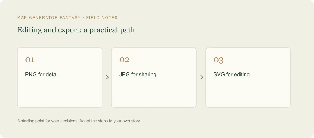 Three-step diagram: PNG for detail, then JPG for sharing, then SVG for editing