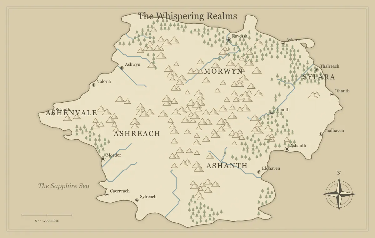 Original parchment fantasy continent map with named regions, towns, coastlines and terrain, used for prepare your fantasy map for print and play