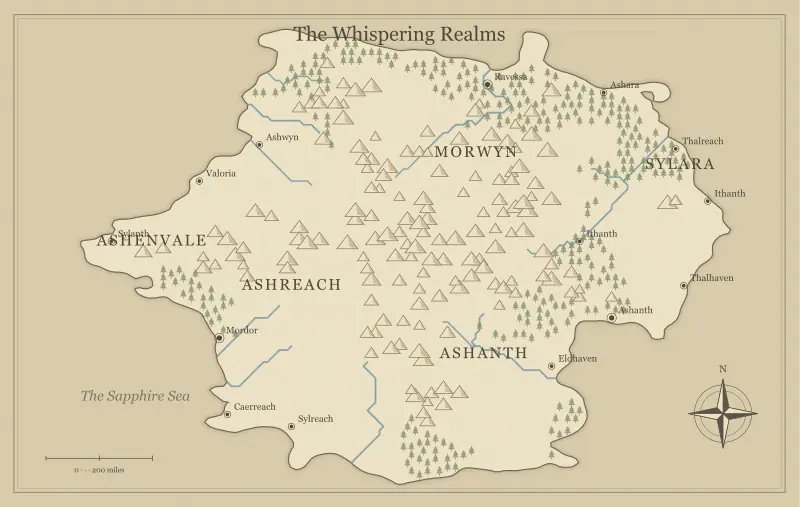 Original parchment fantasy continent map with named regions, towns, coastlines and terrain, used for prepare your fantasy map for print and play