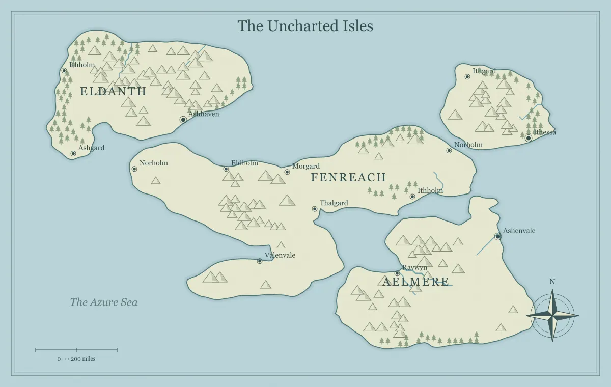 Original classic atlas fantasy archipelago map with named regions, towns, coastlines and terrain, used for make an archipelago feel like a connected world