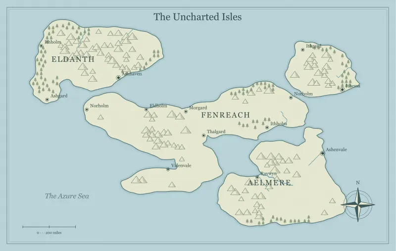 Original classic atlas fantasy archipelago map with named regions, towns, coastlines and terrain, used for make an archipelago feel like a connected world