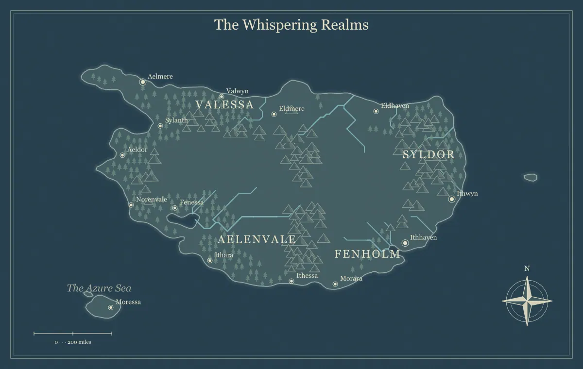 Original nightfall fantasy continent map with named regions, towns, coastlines and terrain, used for draw believable borders and frontiers in a fantasy realm