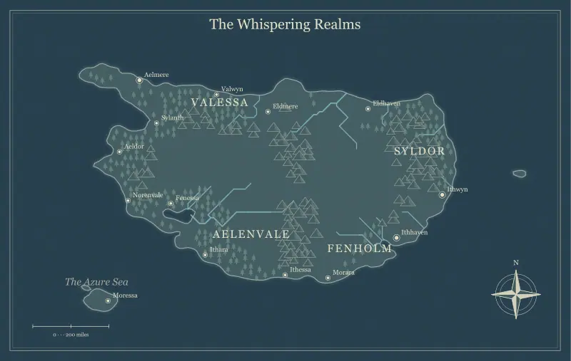 Original nightfall fantasy continent map with named regions, towns, coastlines and terrain, used for draw believable borders and frontiers in a fantasy realm