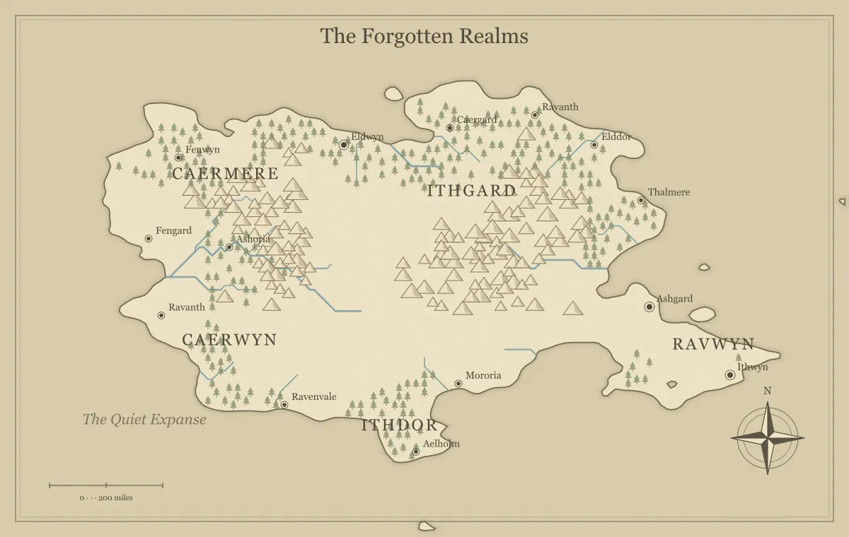 Original parchment fantasy continent map with named regions, towns, coastlines and terrain, used for where should cities go on a fantasy world map?