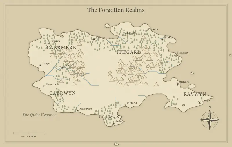 Original parchment fantasy continent map with named regions, towns, coastlines and terrain, used for where should cities go on a fantasy world map?