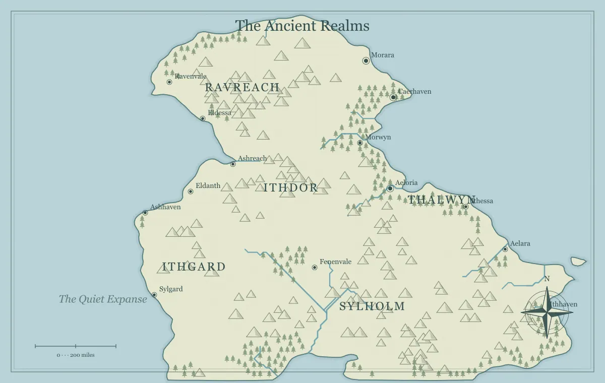 Original classic atlas fantasy world map with named regions, towns, coastlines and terrain, used for plan climate and biomes around a generated fantasy map