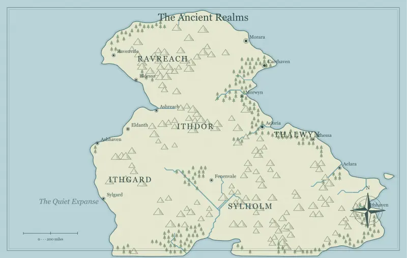 Original classic atlas fantasy world map with named regions, towns, coastlines and terrain, used for plan climate and biomes around a generated fantasy map