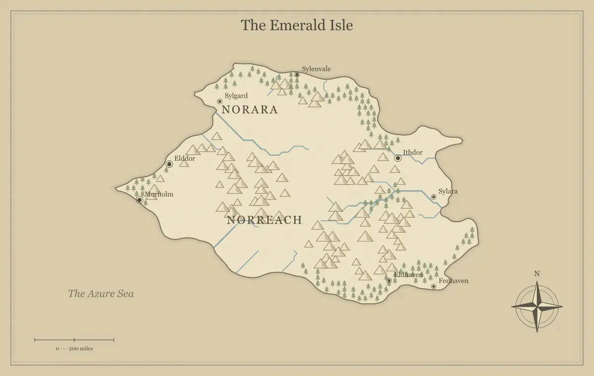 Original parchment fantasy island map with named regions, towns, coastlines and terrain, used for create fantasy coastlines that suggest real adventures