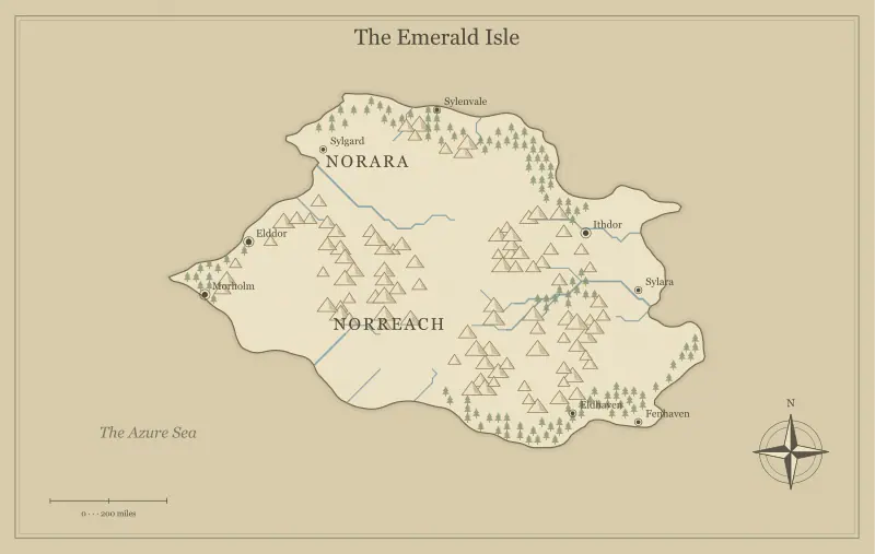 Original parchment fantasy island map with named regions, towns, coastlines and terrain, used for create fantasy coastlines that suggest real adventures