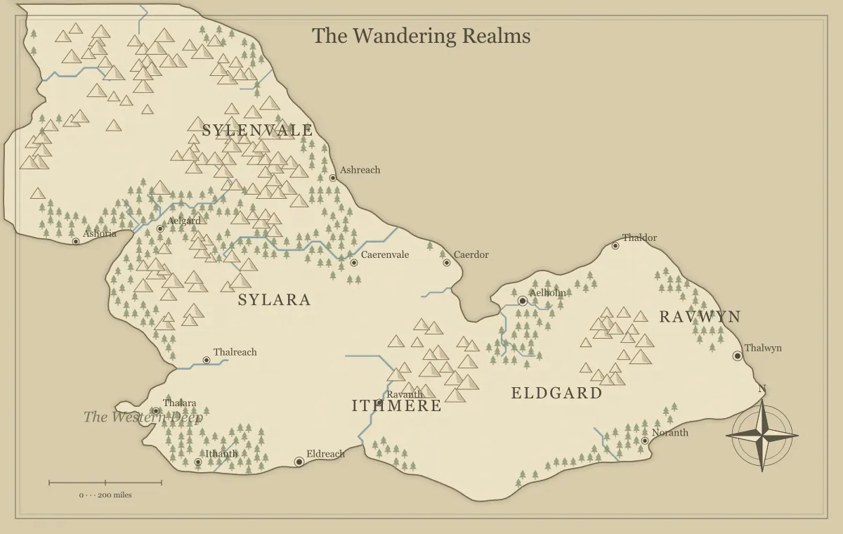 Original parchment fantasy world map with named regions, towns, coastlines and terrain, used for build a shared fantasy world with other writers