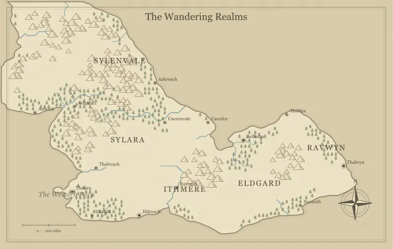 Original parchment fantasy world map with named regions, towns, coastlines and terrain, used for build a shared fantasy world with other writers