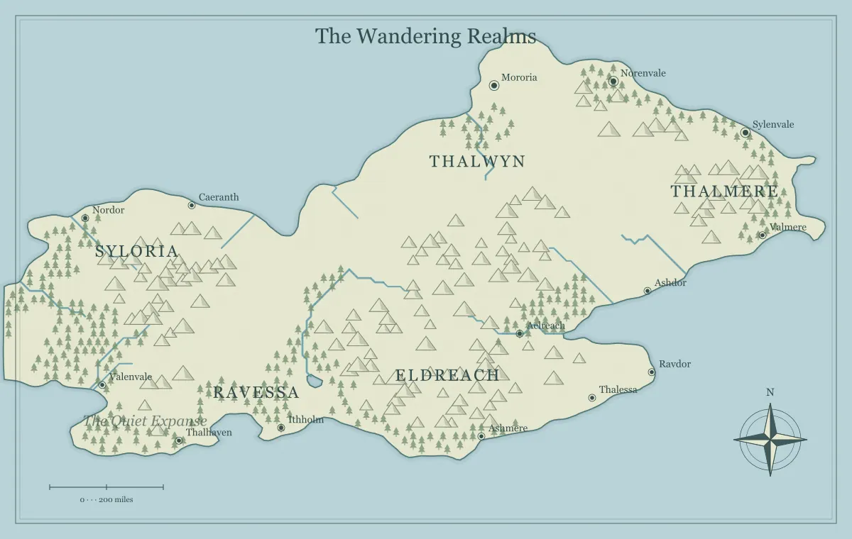 Original classic atlas fantasy world map with named regions, towns, coastlines and terrain, used for review a fantasy map before you publish or share it