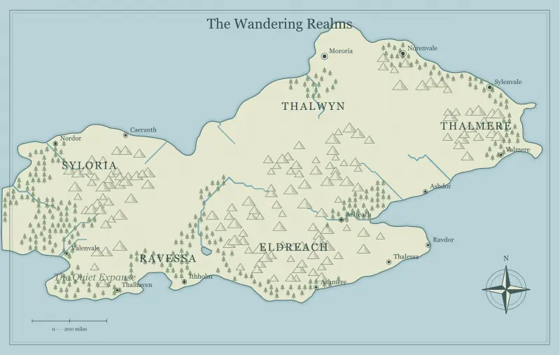 Original classic atlas fantasy world map with named regions, towns, coastlines and terrain, used for review a fantasy map before you publish or share it