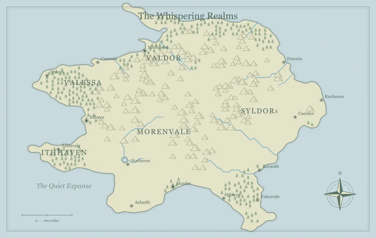 Original watercolor fantasy continent map with named regions, towns, coastlines and terrain, used for place forests with purpose in your fantasy map