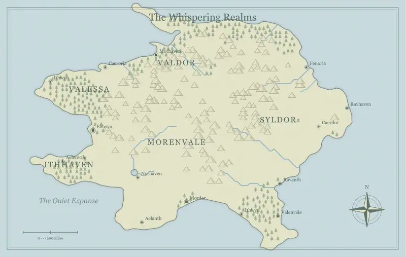 Original watercolor fantasy continent map with named regions, towns, coastlines and terrain, used for place forests with purpose in your fantasy map