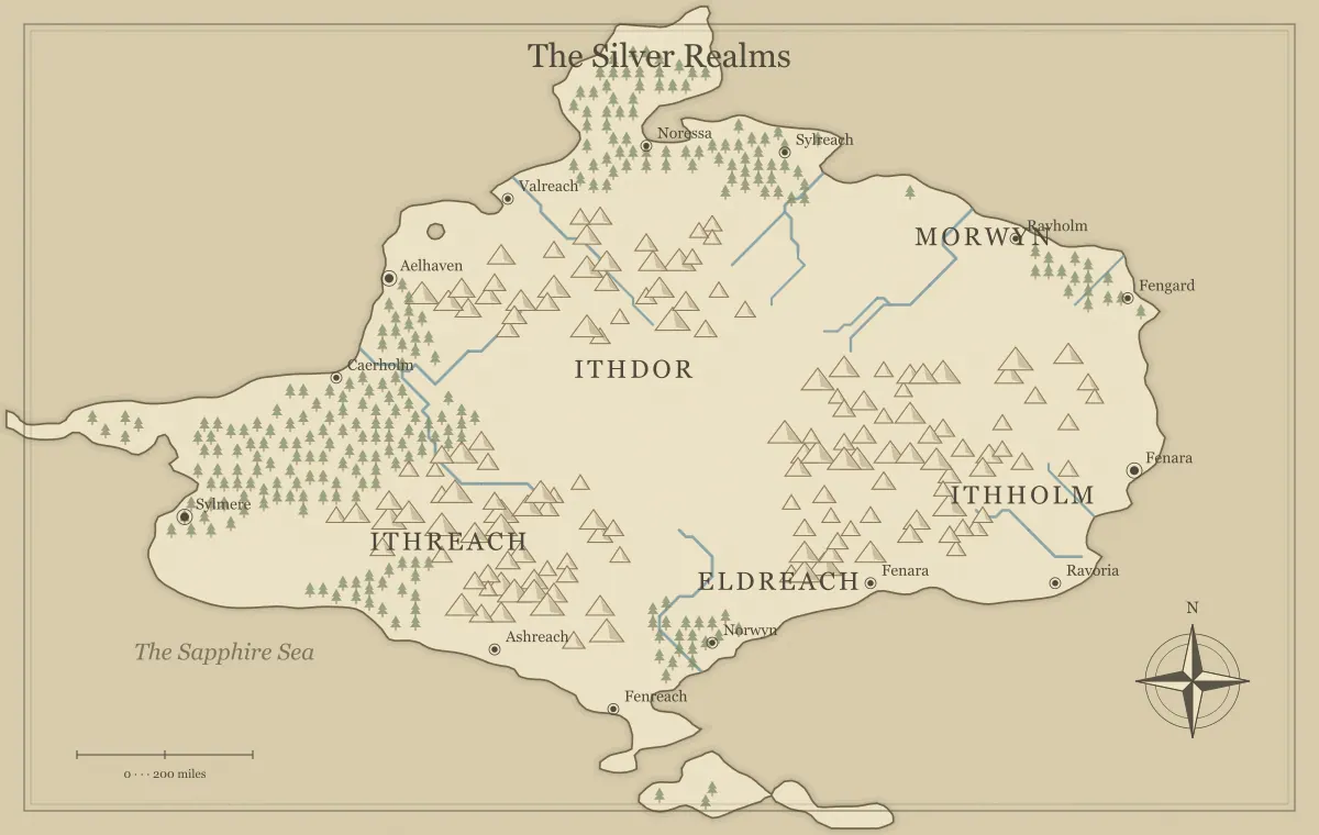 Original parchment fantasy continent map with named regions, towns, coastlines and terrain, used for fantasy map generator: a practical beginner’s guide
