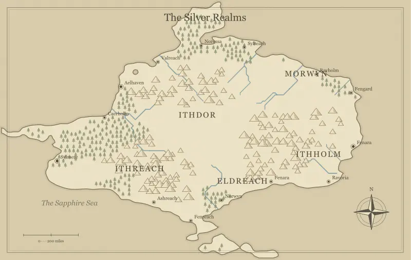 Original parchment fantasy continent map with named regions, towns, coastlines and terrain, used for fantasy map generator: a practical beginner’s guide