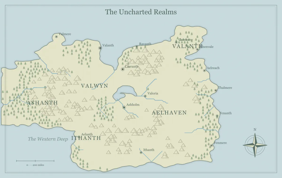 Original watercolor fantasy world map with named regions, towns, coastlines and terrain, used for a quality checklist for your generated fantasy map