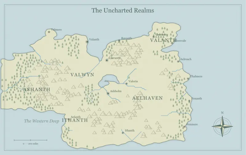 Original watercolor fantasy world map with named regions, towns, coastlines and terrain, used for a quality checklist for your generated fantasy map