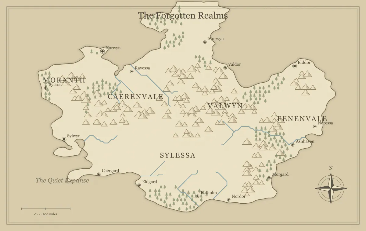 Original parchment fantasy continent map with named regions, towns, coastlines and terrain, used for improve a generated fantasy map without starting over