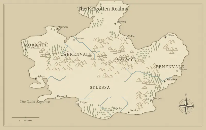 Original parchment fantasy continent map with named regions, towns, coastlines and terrain, used for improve a generated fantasy map without starting over